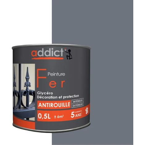 Peinture antirouille glycéro pour métal – Gris anthracite – 0,5 litre – Intérieur/Extérieur – Rendement 12 m²/L – Addict