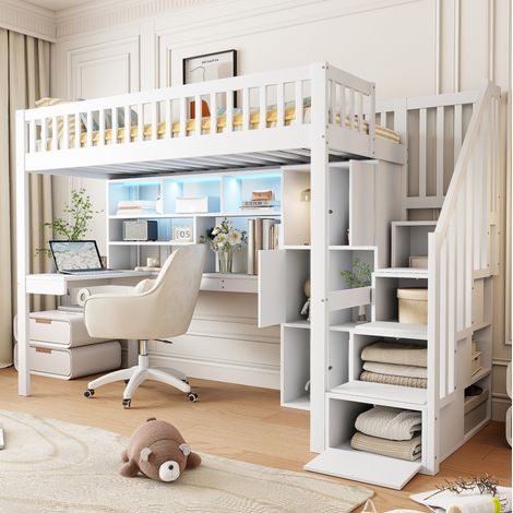 Letto a soppalco moderno 90x200 cm con scrivania, scala contenitore, scaffali e luce LED, pino e MDF bianco (1/5)