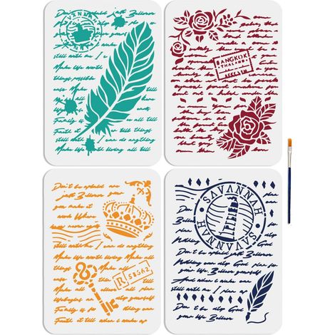4PCS Pochoirs d'écriture française rétro 20 x 22cm avec pinceau Pochoir pour peinture texte vintage plume rose Modèles de dessin pour travaux manuels, meubles, toile en bois (1/5)