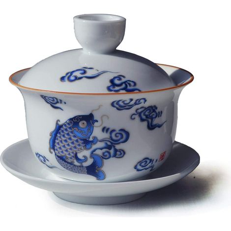 Gaiwan Service à thé en porcelaine émaillée avec couvercle de bol et soucoupe Motif poisson sautant Blanc 200 ml (1/5)