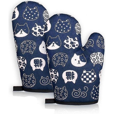 Gants de cuisine résistants à la chaleur, gants en coton matelassé et isolés, ornés d'un adorable motif de chat et munis d'une boucle de suspension. (1/5)