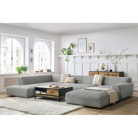 BOBOCHIC - Canapé panoramique fixe LAVENA tissu velours Angle droit  Gris clair (1/5)