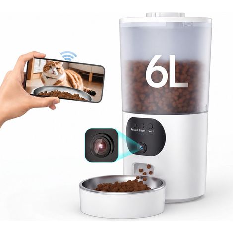 Distributeur de nourriture pour chats avec caméra WiFi double bande 3 MP, 6 L (blanc)
Vision nocturne couleur, audio bidirectionnel, bol en acier inoxydable 304, paroi anti-basculement (1/5)