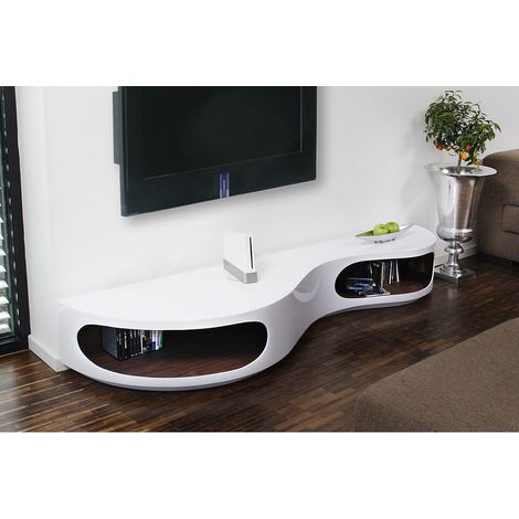 Meuble TV Bas Lowboard Design en Bois MDF Blanc Brillant et Noyer 200 x 50 x 30 cm - PANGIVO (1/5)