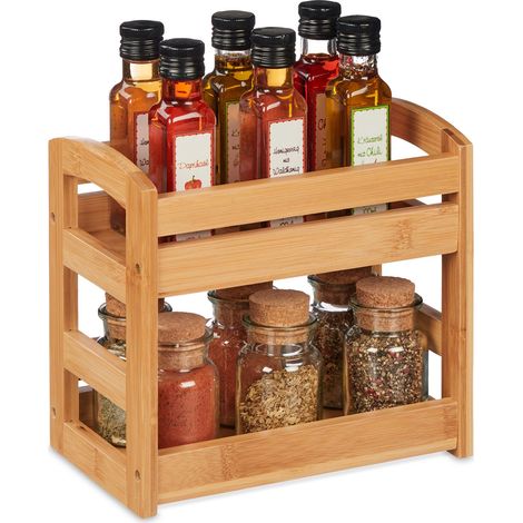 Relaxdays Bamboo Spice Rack, 2 Shelves, Versatile, HWD: 23 x 25.5 x 15.5cm, Countertop Seasoning Stand, Kitchen, Natural