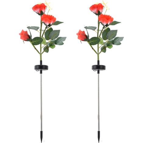 2 luces LED solares con forma de flor, impermeables, con diseño de rosa artificial para jardín y paisajismo exterior -Crezuo