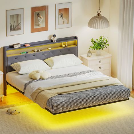Cadre de lit avec sommier acier gris lit 2 personnes flottant avec lumières led rgb et station de charge 160 x 200 cm design moderne