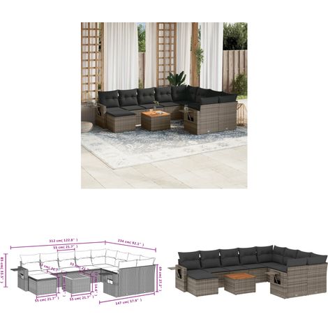 11-tlg. Garten-Sofagarnitur mit Kissen Grau Poly Rattan - Gartenmöbel Set - PE-Rattan Möbel - Outdoor Lounge - Esszimmergarnitur - Balkonmöbel - Home & Living (1/3)