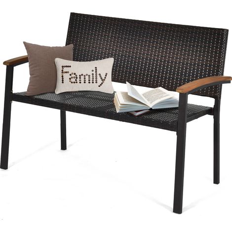 COSTWAY Outdoor Garden Stackable Bench All-Weather PE Wicker Loveseat-Mix Brown (1/5)