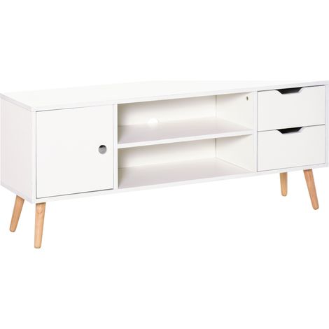 Meuble TV style scandinave, armoire avec 2 compartiments et 2 tiroirs, passe-câbles, panneaux de particules blanc et bois de pin (1/5)