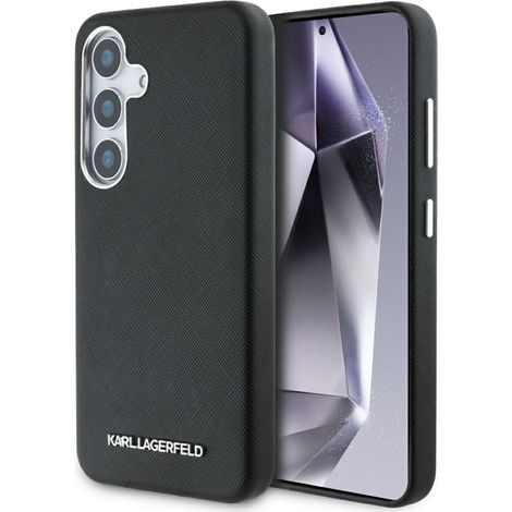 Custodia rigida allungata in metallo con logo Karl Lagerfeld Saffiano per Samsung Galaxy S25+ (nera)