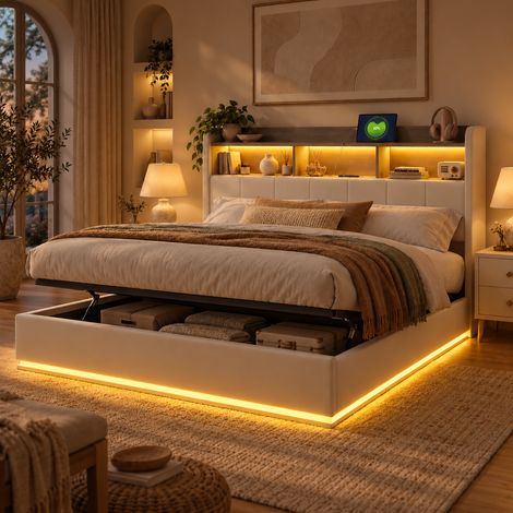 Lit coffre 140x190 cm avec sommier, lit double avec rangement hydraulique, tête de lit avec rangement, LED et USB, velours blanc (1/5)