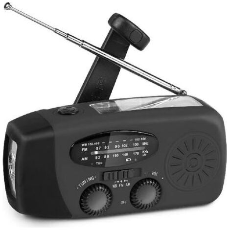 FENOPLASTICARadio météo solaire portable d'urgence, radio AM/FM de survie à manivelle avec lampe de poche LED, batterie externe 2000 mAh, noir (1/4)