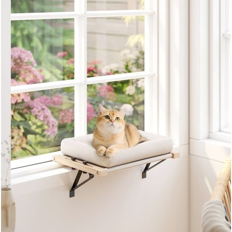 Cama para gato para ventana y radiador con cojín, marco de madera blanco DESVIAE (1/5)