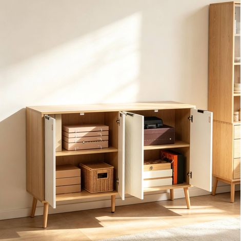 Buffet 120x35x77,4 cm en bois blanc, avec rangement gain de place pour salle à manger FloraGrace (1/5)