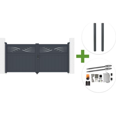 Portail battant 3m HALTI H.140cm aluminium gris + 2 poteaux ELDA 15x15cm + motorisation Tanker B250 (1/5)