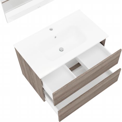 Mueble de baño suspendido de 80 cm en madera de roble ahumado con lavabo y espejo - Empoli - Con espejo y lámpara LED