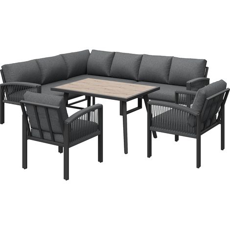 ELVMI Salon de Jardin avec 1 Grand Canapé, 2 Petits Canapés, 2 Fauteuils et 1 Table, Métal, Bois et Polyester, Gris (1/5)