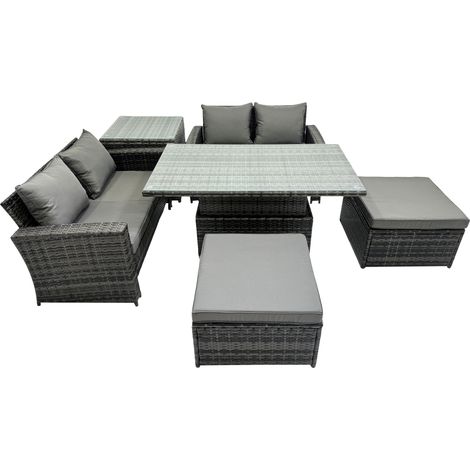 Fimous Outdoor Love Sofa Set 6 Seat Rattan Garden Furniture Set with Adjustable Lifting Dining or Coffee Table 2 Big Stools Dark Grey Mixed (1/5)