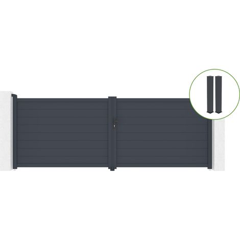Portail battant 4m EIGER H.140cm alu gris + 2 poteaux 20x20cm H.166cm (1/5)