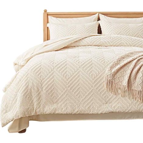 Ensemble housse de couette bohème - California king - Microfibre douce tuftée - 3 pièces - Pour adulte beige (1/5)