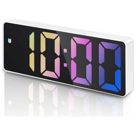 Réveil Matin Numérique avec Fonction Snooze avec Écran LED Affiche Température et Date, Commande Vocale, Alimenté par USB/Batterie, Boîtier Blanc et Chiffres Colorés