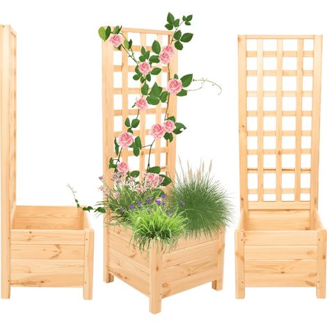 MODO24 Jardinière avec treillis bois de pin, sur pieds, bac à fleurs 116x40x40 cm, jardin/balcon/terrasse, naturel (brut)