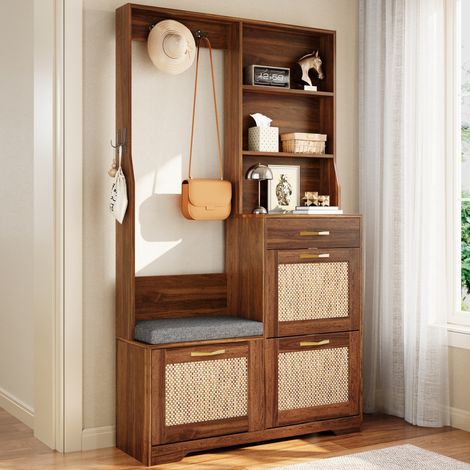 Armadio multifunzionale per ingresso 100x30x170 cm con panca, 3 vani a ribalta, cassetto e ganci, in MDF effetto noce. (1/5)