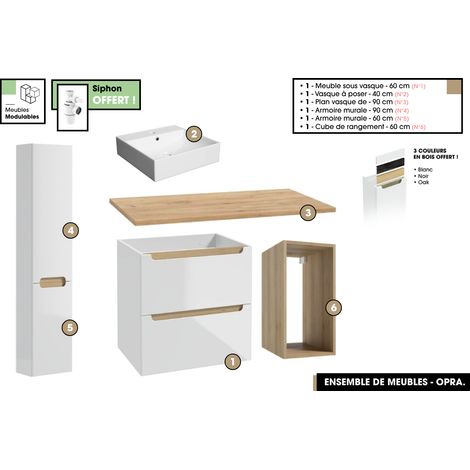 Ensemble complet de salle de bain - Meuble - Plan - Armoires - Cube - Vasque à poser avec Siphons OFFERT OPRA 90 x 60 x 45 cm (1/5)