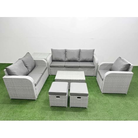 Fimous Patio PE Wicker 8 Seater Outdoor Rattan Furniture Sofa Sets with Rectangular Coffee Table Reclining Chair Loveseat Sofa 3 Seater Sofa Stool Side Table Light Grey (1/4)