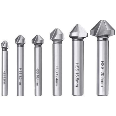 Ahlsen 6-teiliges HSS 6542 Anfasfräser-Set, 90°-Kegelbohrer, Senker, Spiralbohrer, zylindrischer Entgratfräser für Holz, Metall, PVC, Werkzeugmaschinen, 6,3/8,3/10,4/12,4/16,5/20,5 mm (1/5)