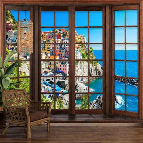 Papier peint panoramique Trompe l'oeil Fenêtre en bois - Cinque Terre - 130 cm x 104 cm (1/5)