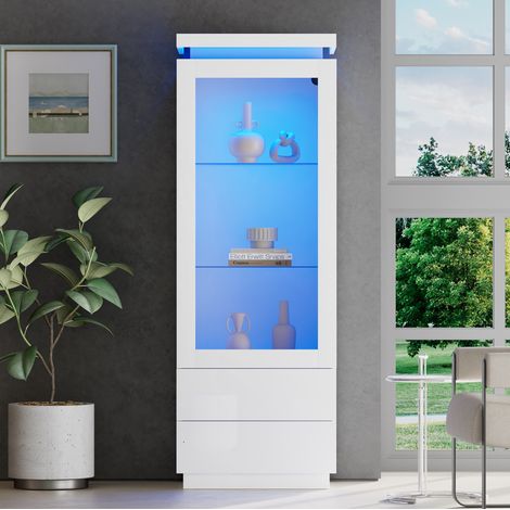 Hohe Vitrine 60 x 40 x 171 cm, 2 Schubladen, LED, weiß HAVRYA (1/5)