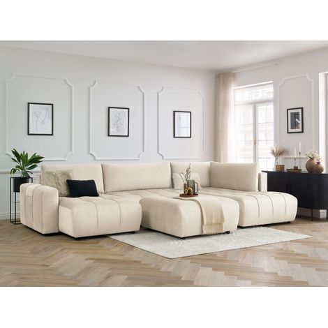 BOBOCHIC - Canapé panoramique convertible coffre ARSENE tissu velours avec pouf Angle gauche Beige (1/5)
