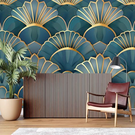 Papier Peint Japonais - Motifs de vagues en éventail - 500 x 270 cm (1/2)