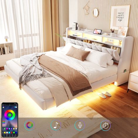 Lit 180x200 avec Rangement, Tête Pliable à LED et Prise , Lit Coffre, lit double avec sommier à lattes, velours beige à monter soi-même, Blanc (1/5)