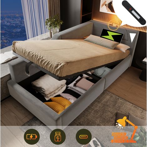 Cama diván tapizada 90/200 cm gris de terciopelo con almacenaje hidráulico, luz de lectura y USB-C (1/5)
