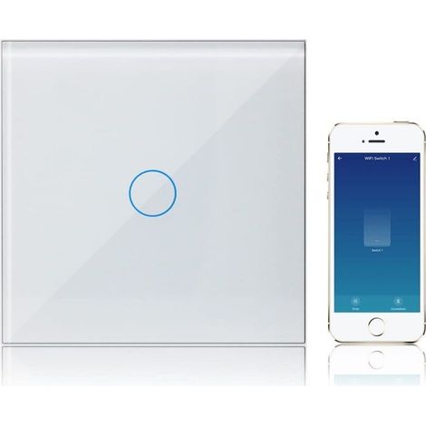 Smart WIFI Switch Compatible with Alexa and Google Assistant, Wall Touch Switch, 1 Gang, 1 Way, White Tempered Glass Panel (1/5)