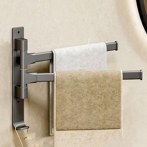 Porte-serviettes mural pivotant 180° 2 bras adhésif sans perçage noir, accessoire salle de bain cuisine (1/5)