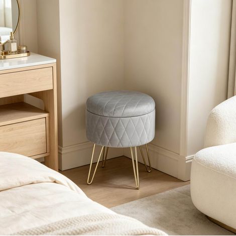 Pouf de rangement rond en velours gris clair avec base en me9tal, 31,5 x 31,5 x 36 cm (1/5)