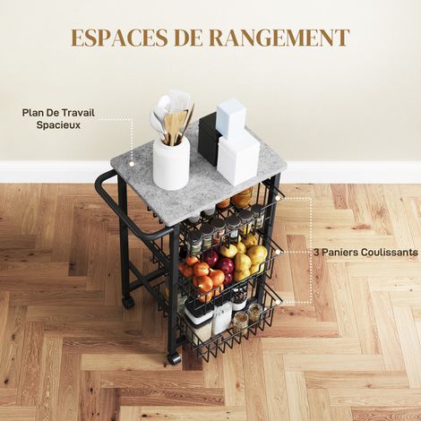 Chariot rangement 4 niveaux desserte roulettes 3 paniers coulissants plateau 49,5x31x69 cm gris clair noir
