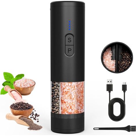 Moulin à Poivre Électrique, 2 en 1 Double Réservoir, Double Meule en Céramique Réglable en Finesse, USB Rechargeable Remplissable Salières et Poivrières avec Lumière LED pour Cuisine, Noir (1/5)