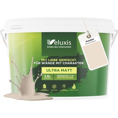 Wandfarbe Beige Creme Hellgrau Matt Innenfarbe – Deckkraft Klasse 1, VOC-frei, Ohne Grundierung, Tropfarm – Wohnzimmer & Schlafzimmer – 2,5L – Veluxis (Precious Popcorn)