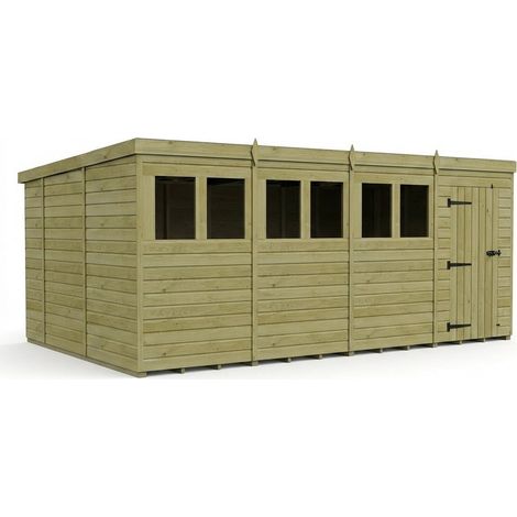 16ft x 10ft Pent Garden Shed Single Door With Windows - Pressure Treated Timber - L488 x W305 x H210 cm - Natural