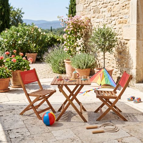 Table de jardin bistrot enfant bois d'acacia + 2 assises terracotta - Elise (1/4)