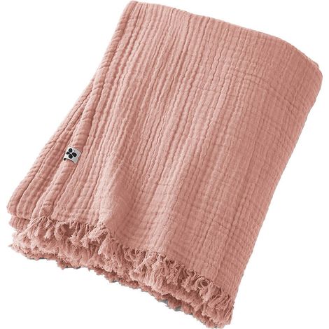 OUREA - Plaid à Franges 130x160cm 4 Epaisseurs Gaze de Coton Rose Pêche
