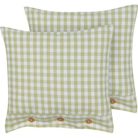 Conjunto de 2 cojines decorativos modernos cuadrado botones estampado a cuadros verde oliva y blanco 45 x 45 cm Talya