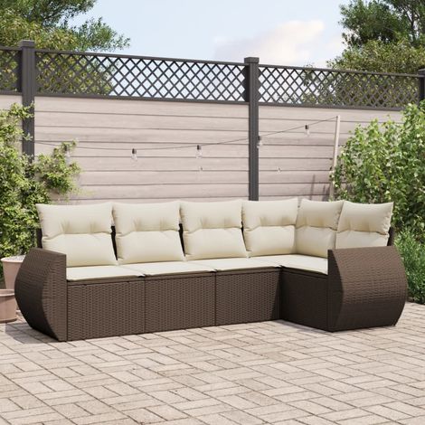 Ensemble Canapé Jardin Modulaire 5 Places Marron en Résine Tressée  Coussins Crème Inclus (1/5)