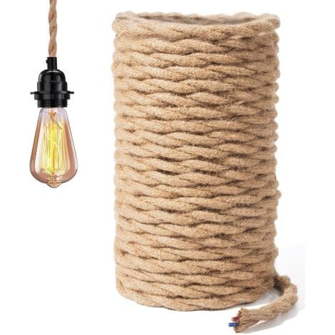 Corde Electrique 2 Noyaux - 5M Fil électrique Tissu Cable Electrique Corde 2x0.75mm² Rétro Corde de chanvre tressé torsadée Câble pour Accessoires de Lampe à Suspendre