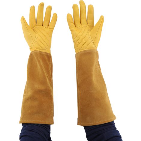 Lang geschnittene Gartenhandschuhe aus wasserdichtem Schaffell mit gepolsterter Verstärkung – Gelb, Größe M (1/5)